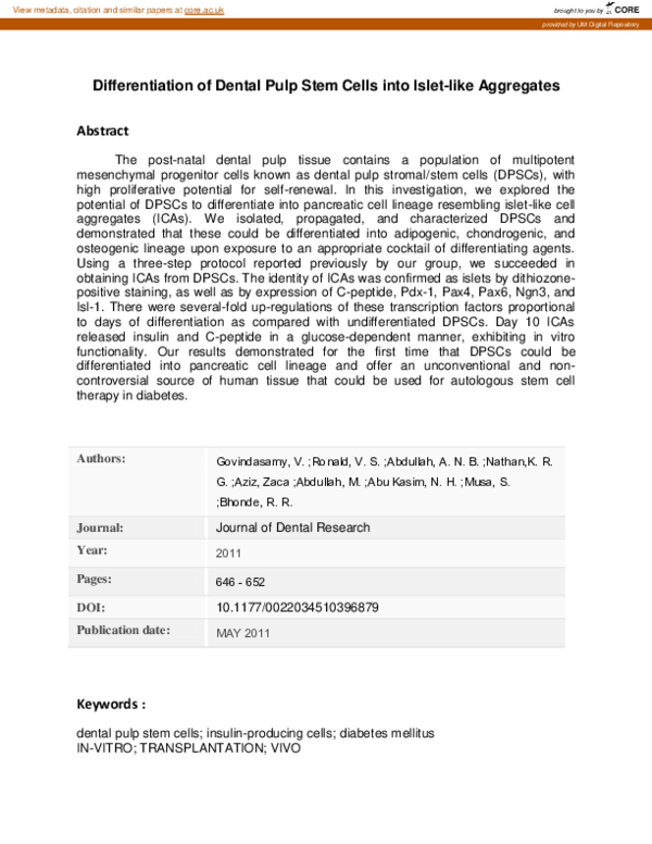 (PDF) Differentiation of dental pulp stem cells into islet-like aggregates