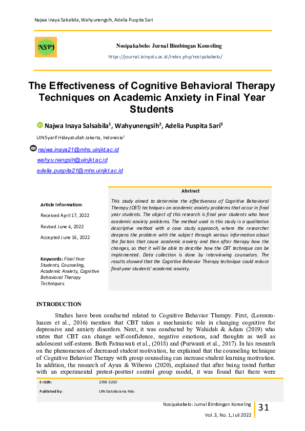 (PDF) The Effectiveness of Cognitive Behavioral Therapy Techniques on ...