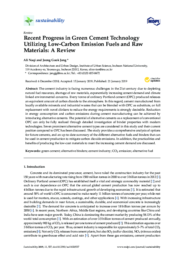 (PDF) Recent Progress in Green Cement Technology Utilizing Low-Carbon ...