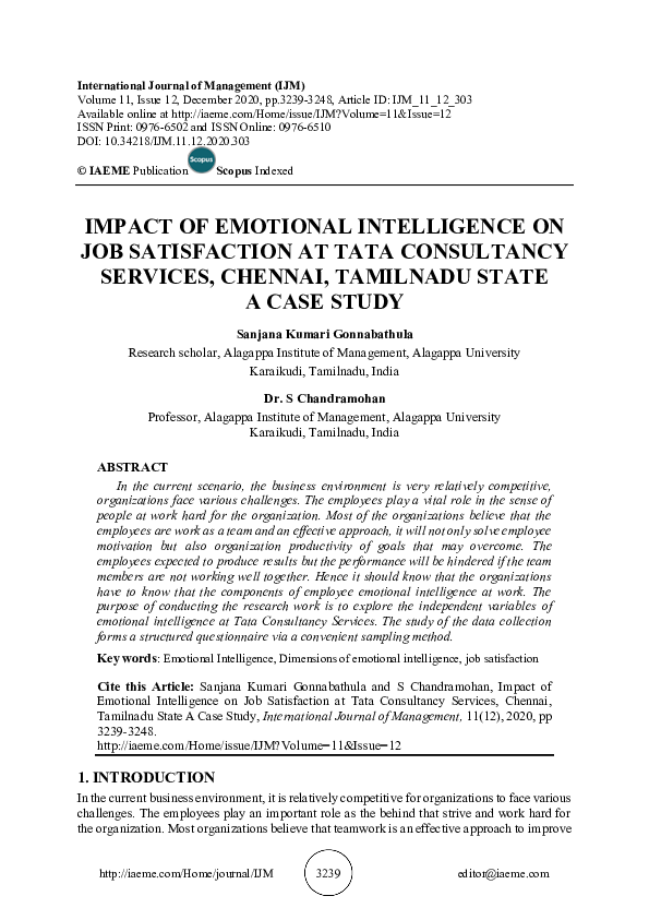 (PDF) IMPACT OF EMOTIONAL INTELLIGENCE ON JOB SATISFACTION AT TATA ...