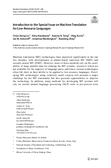 (PDF) Introduction to the Special Issue on Machine Translation for Low ...