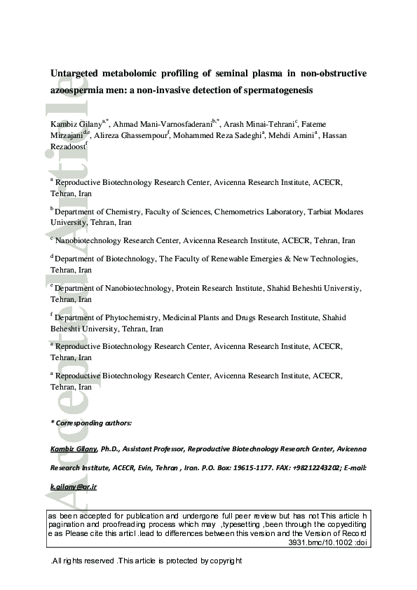 (PDF) Untargeted metabolomic profiling of seminal plasma in ...