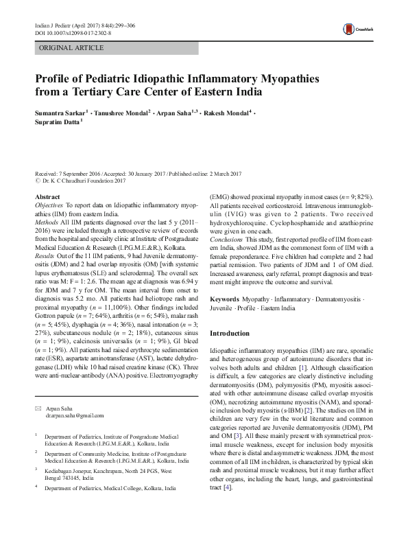 (PDF) Profile of Pediatric Idiopathic Inflammatory Myopathies from a ...
