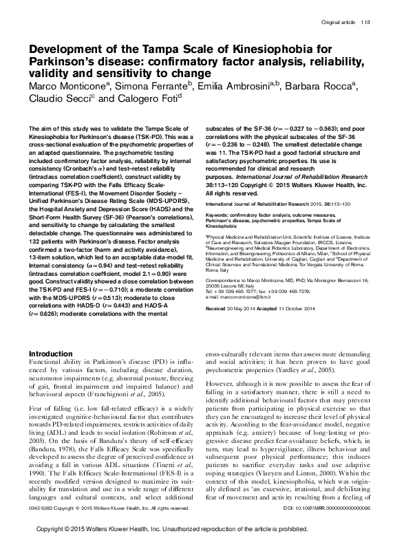 (PDF) Development of the Tampa Scale of Kinesiophobia for Parkinson’s ...