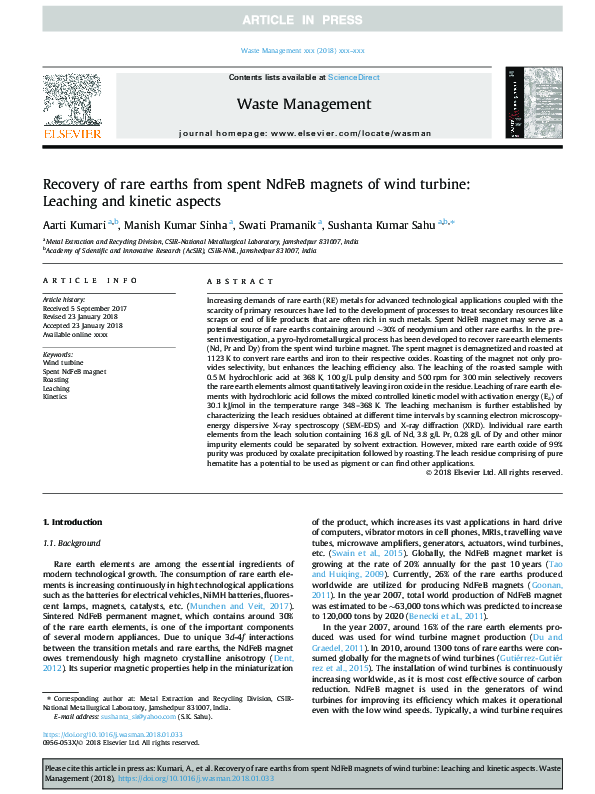 (PDF) Recovery of rare earths from spent NdFeB magnets of wind turbine ...