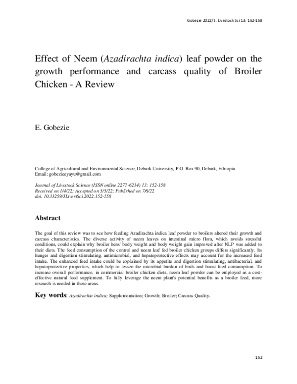 (PDF) Effect of Neem (Azadirachta indica) leaf powder on the growth performance and carcass
