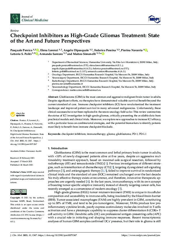 (PDF) Checkpoint Inhibitors as High-Grade Gliomas Treatment: State of ...