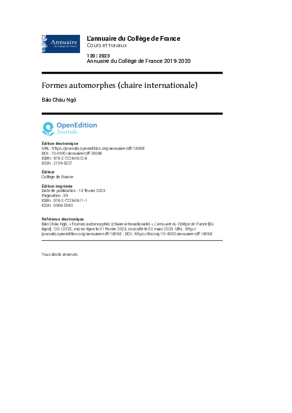(PDF) Formes automorphes (chaire internationale)
