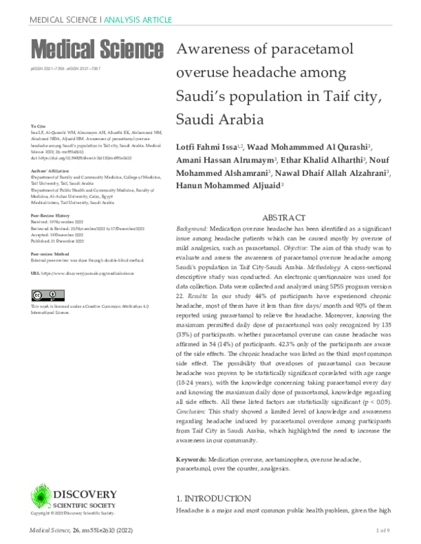 (PDF) Awareness of paracetamol overuse headache among Saudi’s