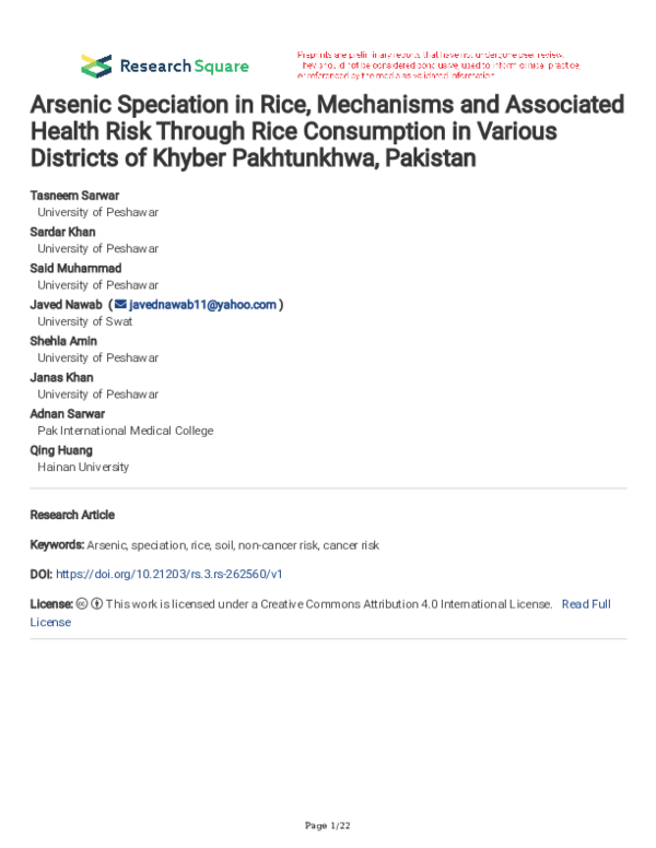 (PDF) Arsenic Speciation in Rice, Mechanisms and Associated Health Risk ...