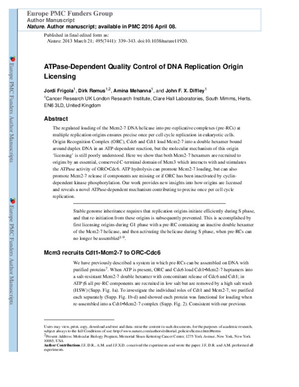 (PDF) ATPase-dependent quality control of DNA replication origin licensing