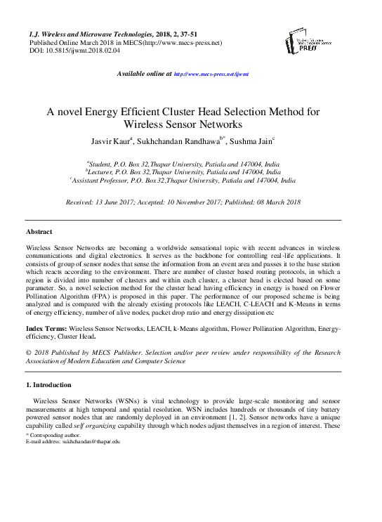 (PDF) A novel Energy Efficient Cluster Head Selection Method for ...
