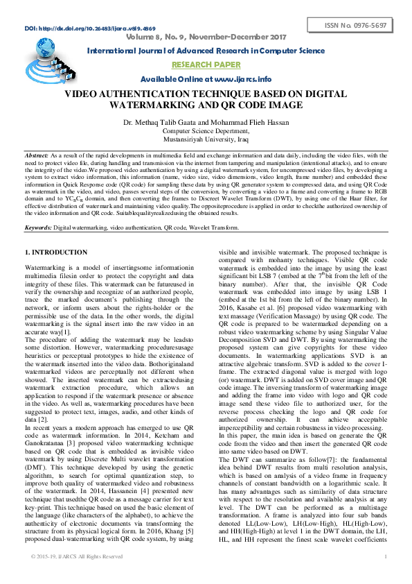 (PDF) Video Authentication Technique Based on Digital Watermarking and ...
