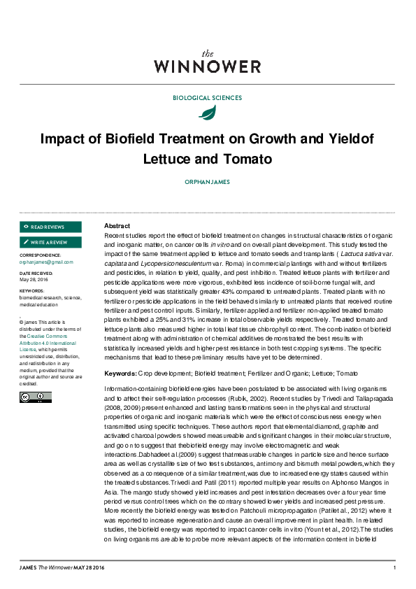 (PDF) Impact of Biofield Treatment on Growth and Yield of Lettuce and ...