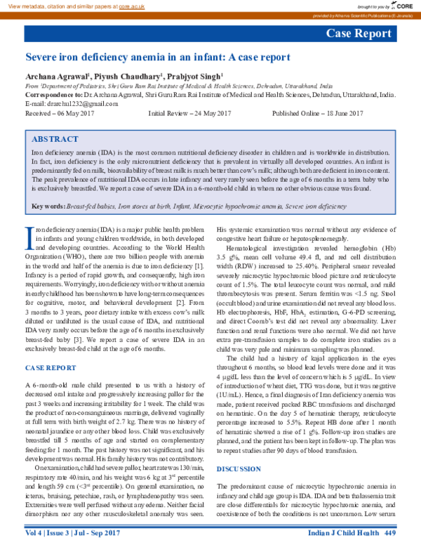 (PDF) Severe Iron Deficiency Anemia in an Infant: A Case Report