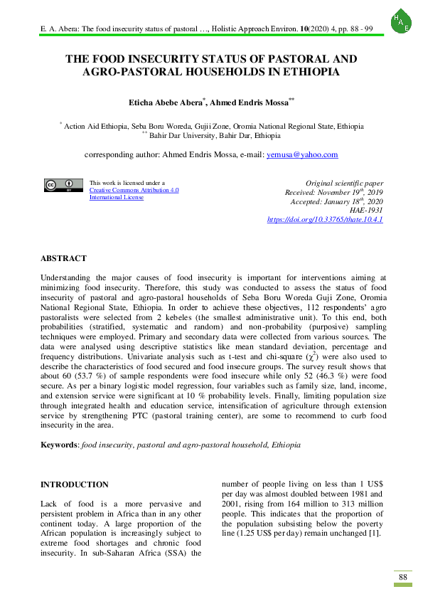 (PDF) The food insecurity status of pastoral and agro-pastoral ...