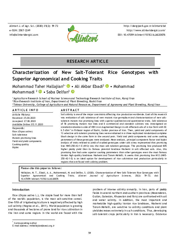 (PDF) Characterization of New Salt-Tolerant Rice Genotypes with ...