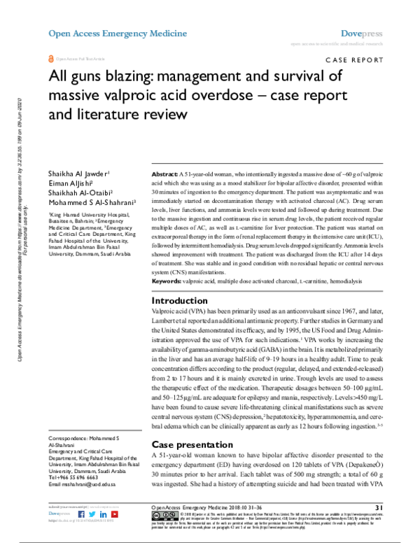 (PDF) All guns blazing management and survival of massive valproic