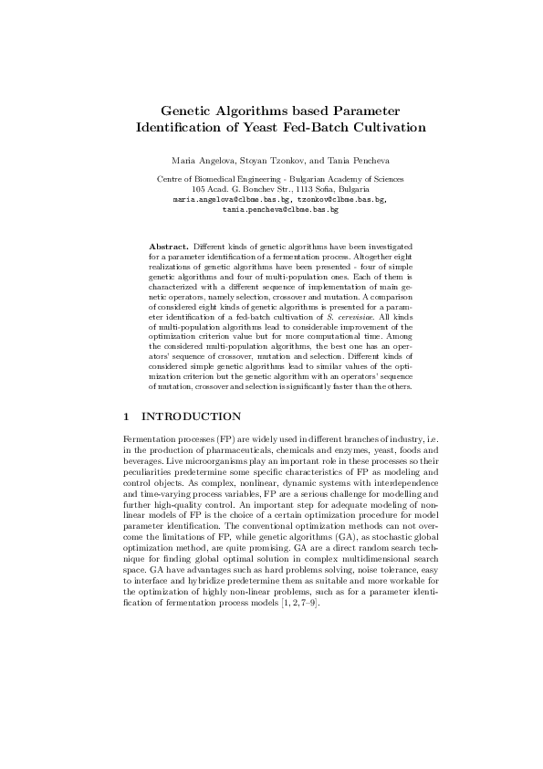 (PDF) Genetic Algorithms Based Parameter Identification of Yeast Fed ...