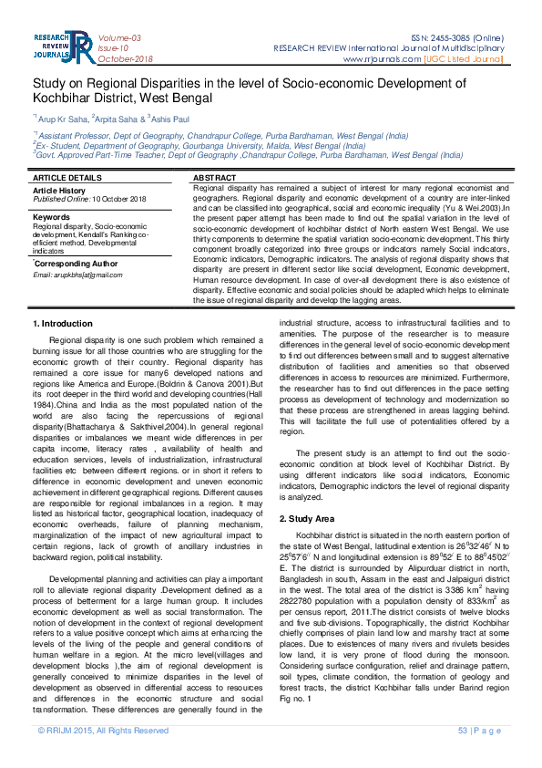 (PDF) Study On Regional Disparities In The Level Of Socio-Economic ...