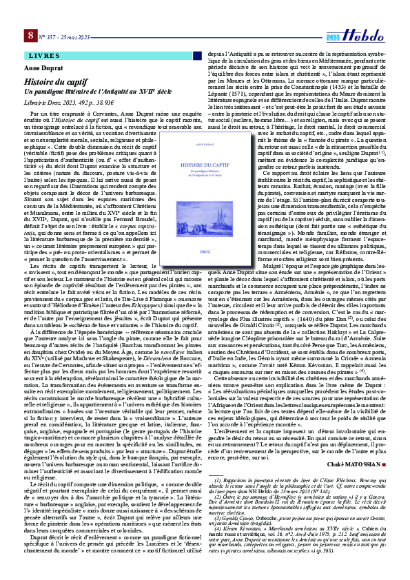 (PDF) Histoire du captif compte-rendu du livre de Anne Duprat