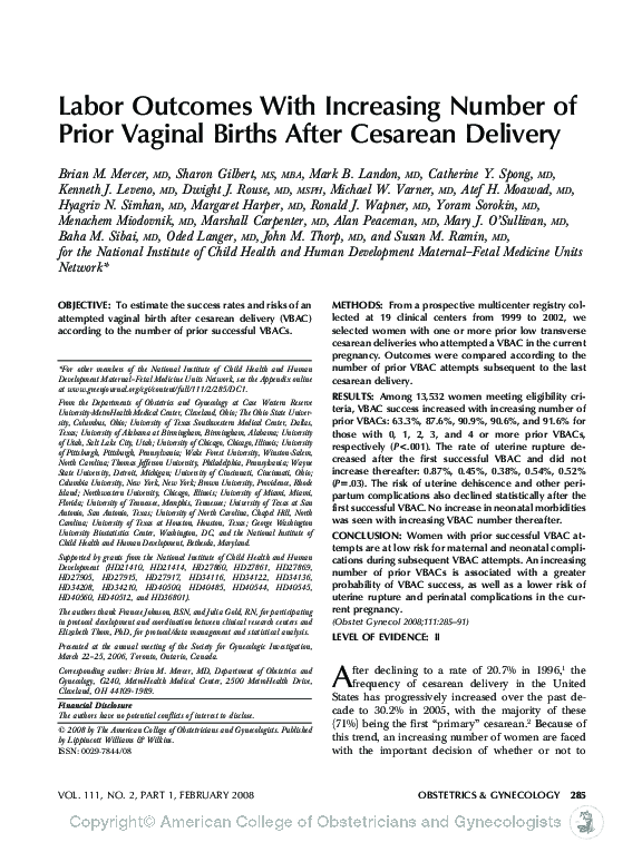 (PDF) Labor Outcomes With Increasing Number of Prior Vaginal Births ...