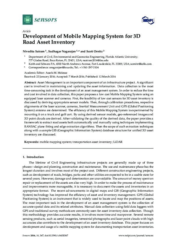 (PDF) Development of Mobile Mapping System for 3D Road Asset Inventory ...