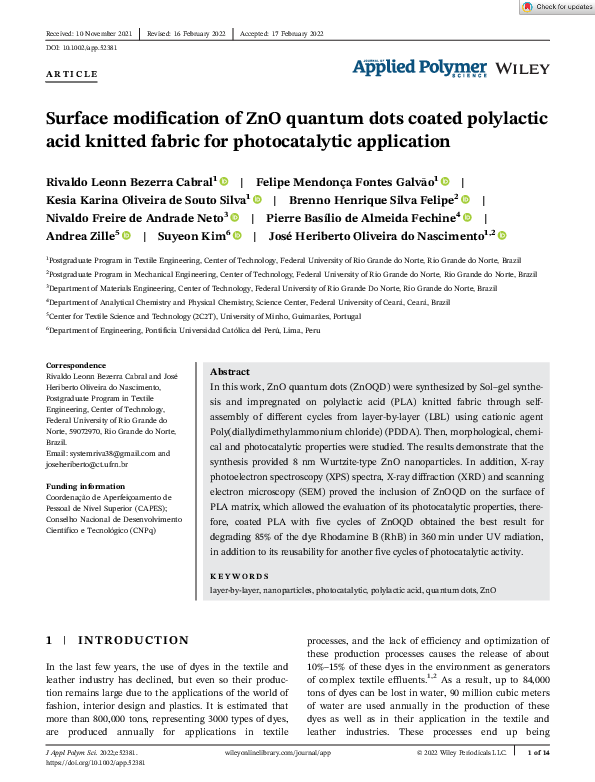 (PDF) Surface modification of ZnO quantum dots coated polylactic acid ...