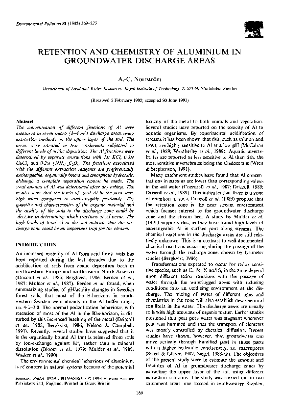 (PDF) Retention and chemistry of aluminium in groundwater discharge