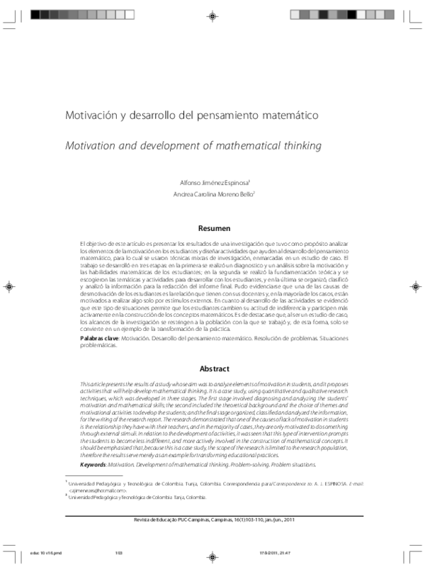 (PDF) Motivation and development of mathematical thinking