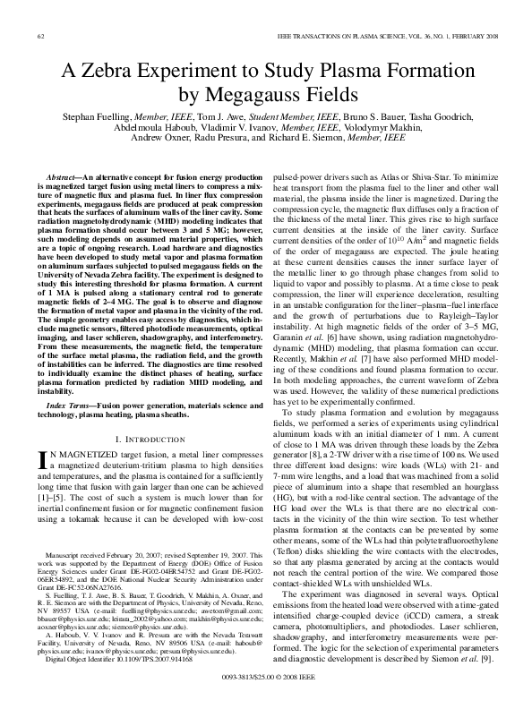 (PDF) A Zebra Experiment to Study Plasma Formation by Megagauss Fields