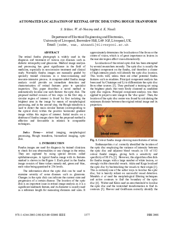 (PDF) Automated localisation of retinal optic disk using Hough transform