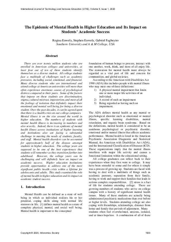 (PDF) The Epidemic of Mental Health in Higher Education and Its Impact ...