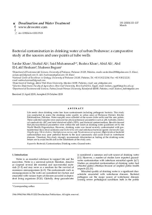 (PDF) Bacterial contamination in drinking water of urban Peshawar: a ...