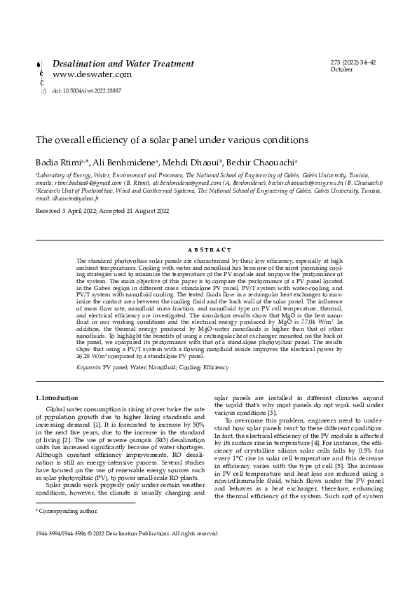 (PDF) The overall efficiency of a solar panel under various conditions