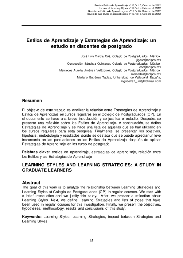 (PDF) Estilos De Aprendizaje y Estrategias De Aprendizaje: Un Estudio ...