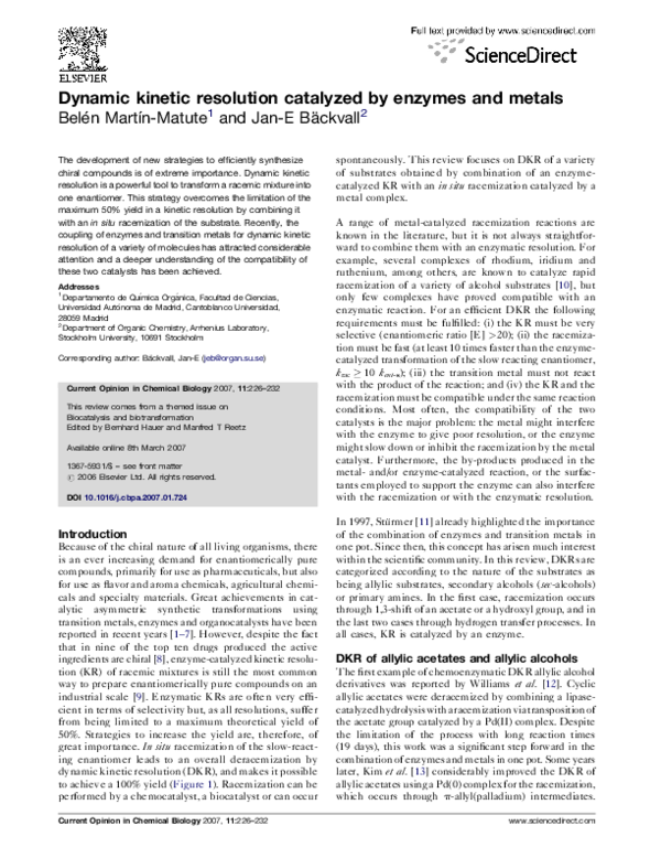(PDF) Dynamic kinetic resolution catalyzed by enzymes and metals