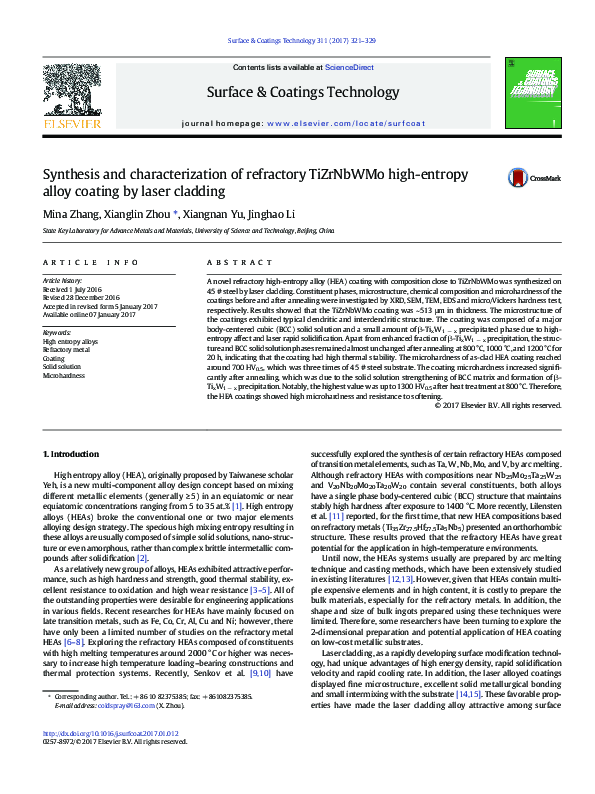 (PDF) Synthesis and characterization of refractory TiZrNbWMo high ...
