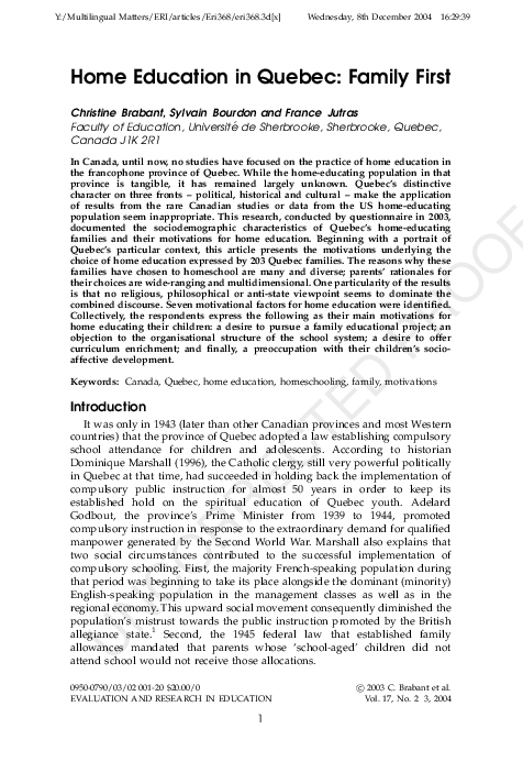 (PDF) Home Education in Quebec: Family First