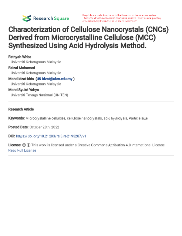 (PDF) Characterization of Cellulose Nanocrystalline (CNCs) Derived from ...