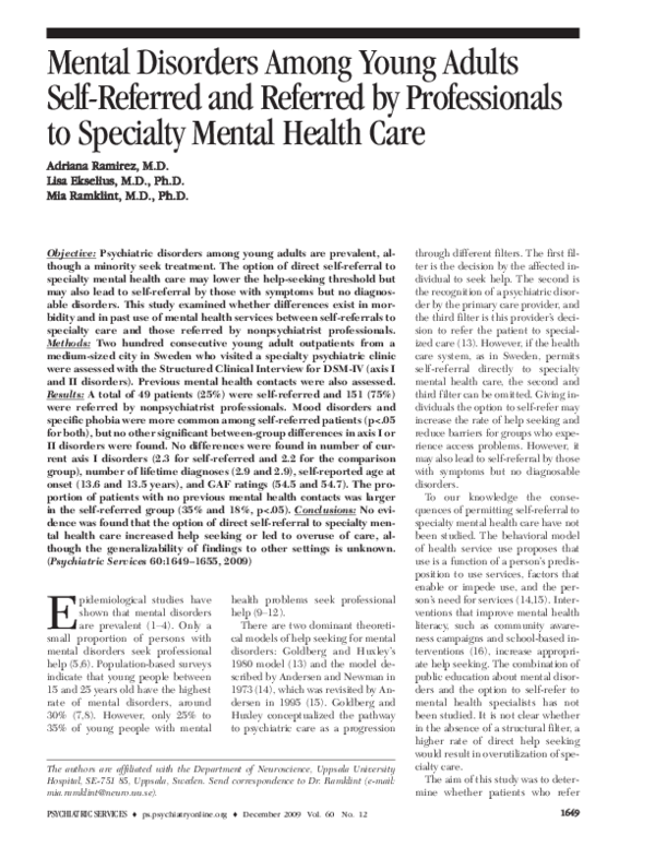 (PDF) Mental Disorders Among Young Adults Self-Referred and Referred by ...