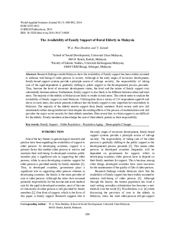 (PDF) The Availability of Family Support of Rural Elderly in Malaysia
