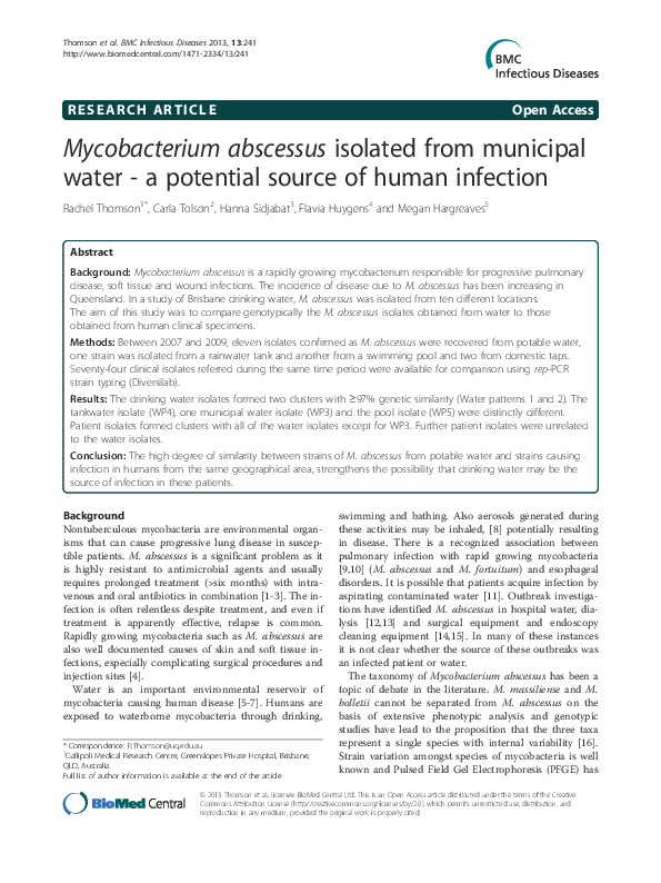(PDF) Mycobacterium abscessus isolated from municipal water - a ...
