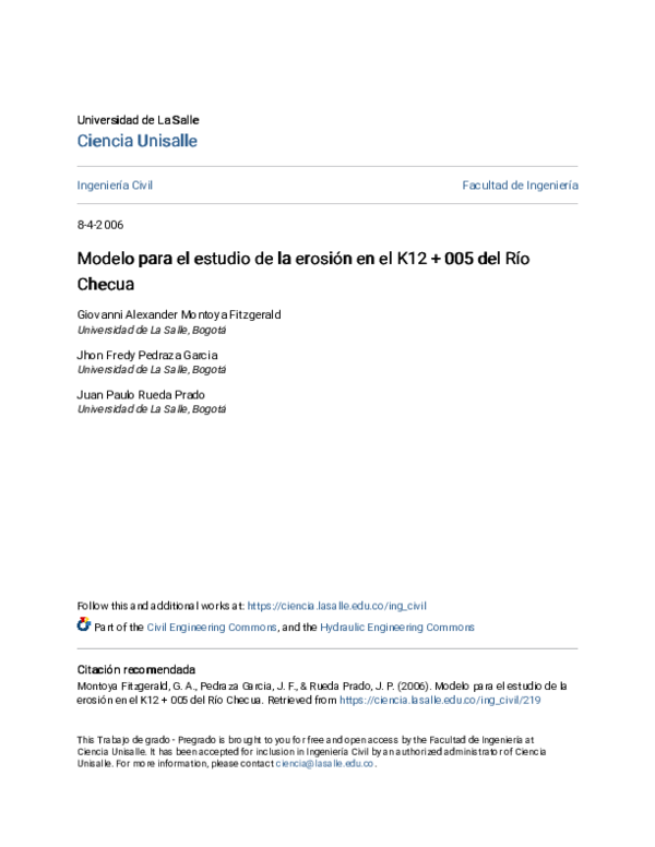 (PDF) Modelo para el estudio de la erosion en el K 12+ 005 del rio Checua