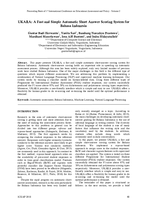 (PDF) UKARA A Fast and Simple Automatic Short Answer Scoring System for Bahasa Indonesia