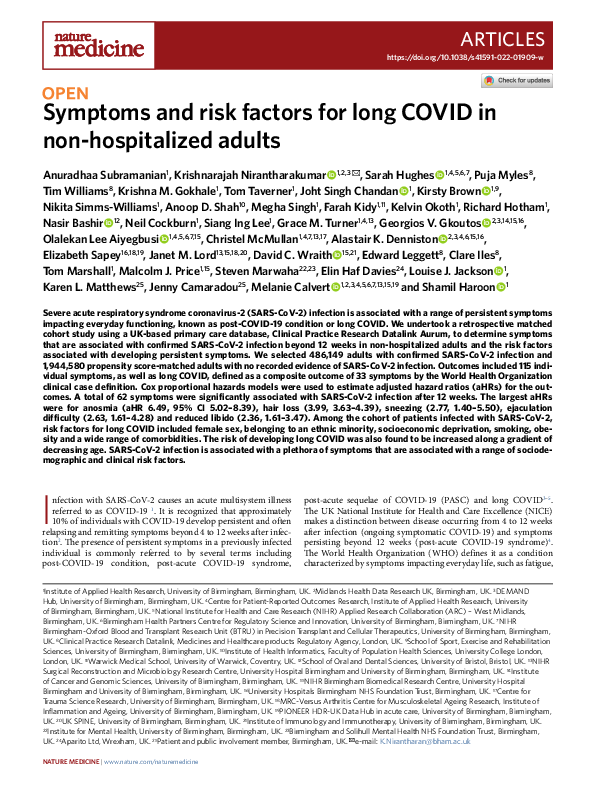 (PDF) Symptoms and risk factors for long COVID in non-hospitalized adults