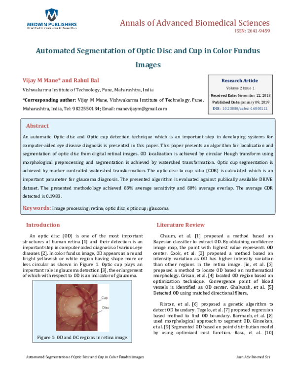 (PDF) Automated Segmentation of Optic Disc and Cup in Color Fundus Images