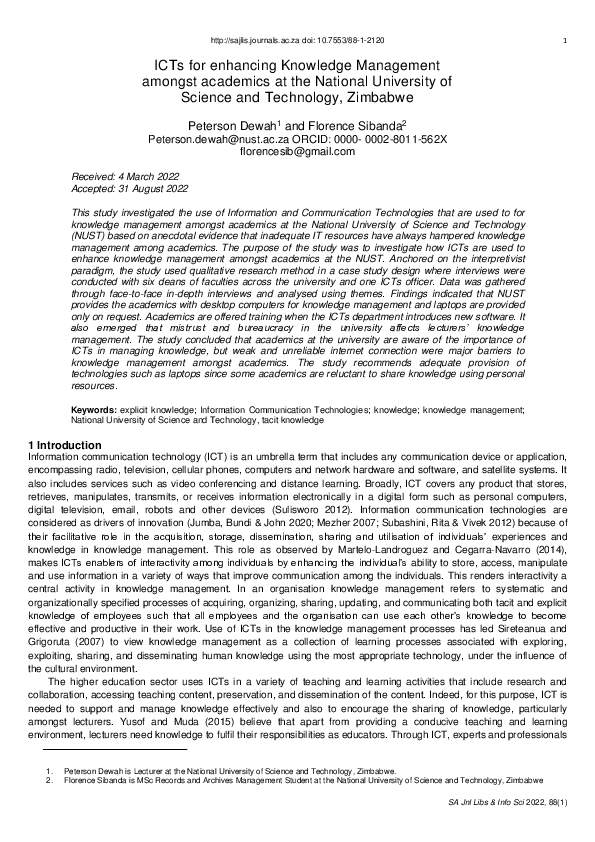 (PDF) ICTs for enhancing knowledge management amongst academics at the