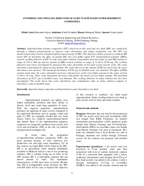 (PDF) Synthesis And Swelling Behavior Of Agro-Waste Based ...