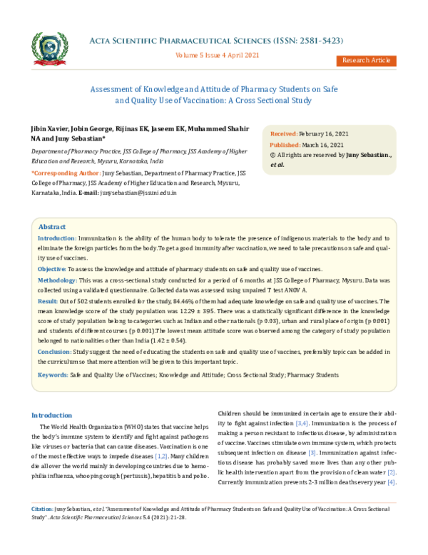 (PDF) Assessment of Knowledge and Attitude of Pharmacy Students on Safe ...